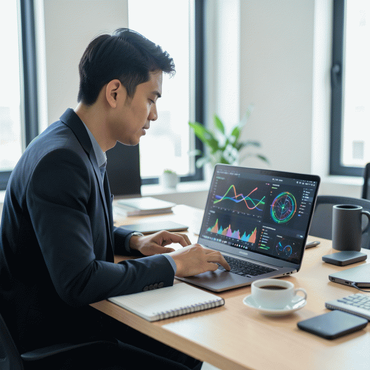 Seorang solo founder Indonesia yang fokus bekerja di co-working space modern, menggunakan laptop yang menampilkan visualisasi data AI canggih, melambangkan pembangunan bisnis digital.