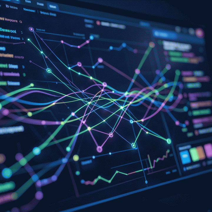Tampilan abstrak dashboard AI yang menunjukkan proses ideasi dan pemetaan bisnis digital yang kompleks.