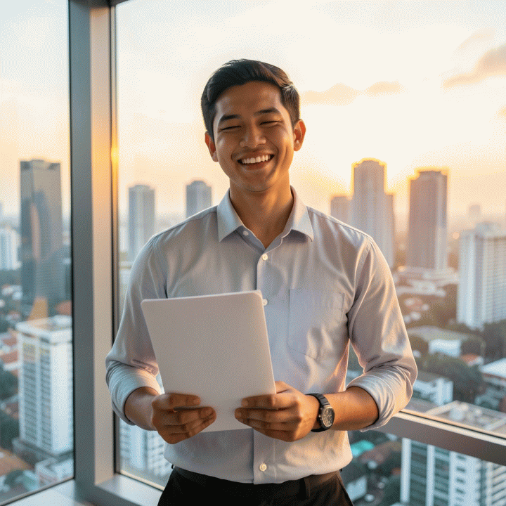 Seorang profesional muda Indonesia yang tampak lega dan optimis berdiri di pagi hari, melambangkan kemerdekaan finansial setelah berhasil melunasi utang-utang besar.