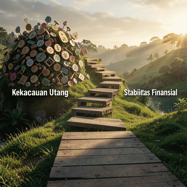 Ilustrasi konsep jalur transisi dari kekacauan utang menjadi stabilitas finansial melalui langkah-langkah manajemen keuangan yang terencana.