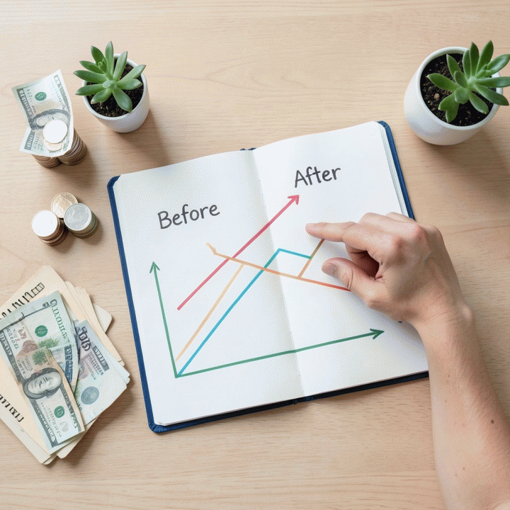 Pandangan dari atas ke buku perencanaan keuangan yang rapi dan diagram strategi pelunasan utang, menunjukkan langkah-langkah terstruktur menuju stabilitas finansial.