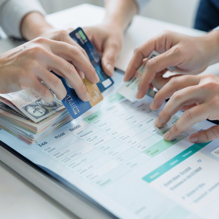 Tangan-tangan yang mewakili utang (seperti tagihan dan struk) secara bertahap dipindahkan ke papan dashboard keuangan digital yang terorganisir dengan rapi, melambangkan manajemen utang yang efektif.