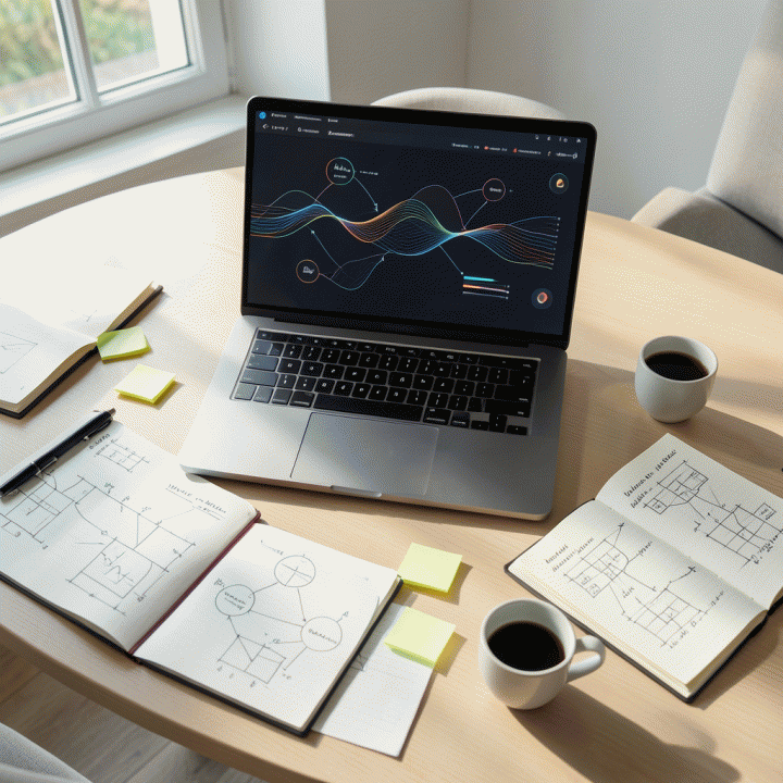 Meja kerja founder modern dengan laptop menampilkan visualisasi data abstrak, dikelilingi buku catatan dan diagram, melambangkan proses merancang blueprint produk digital dari identifikasi masalah.