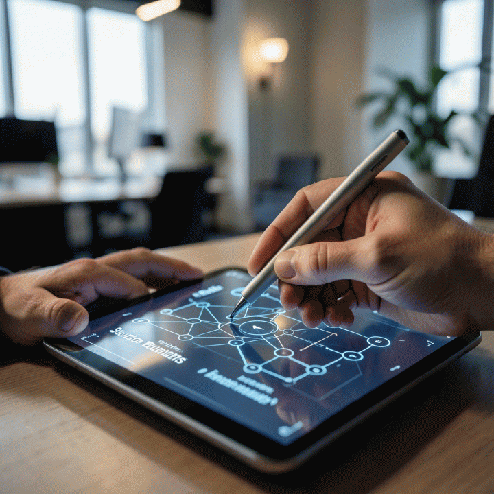 Tangan profesional sedang menggunakan tablet futuristik untuk memetakan dan mengubah poin-poin masalah (pain points) menjadi cetak biru solusi produk digital yang terstruktur.
