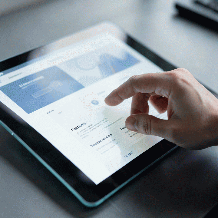 Tangan profesional berinteraksi dengan antarmuka tablet futuristik yang menampilkan susunan section sales page yang terstruktur dan rapi, menunjukkan proses pembuatan landing page yang cepat.