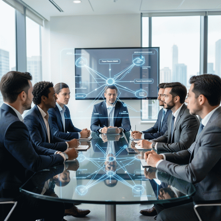 Kelompok profesional digital marketing menganalisis kerangka kerja konversi tinggi (sales page framework) pada tampilan hologram canggih di ruang rapat modern.