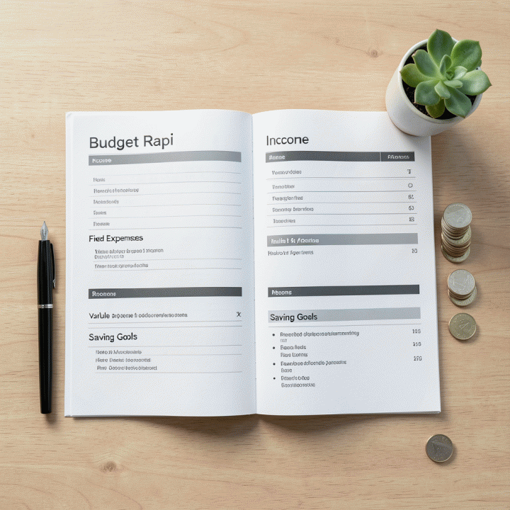 Template perencana keuangan pribadi (budget planner) yang diletakkan rapi di atas meja kayu, menunjukkan struktur pengelolaan anggaran yang terperinci.