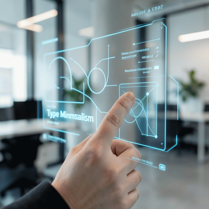 Tangan yang berinteraksi dengan antarmuka holografik abstrak, menggambarkan konsep desain tipografi minimalis yang elegan.