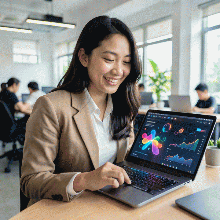 Seorang wanita muda Indonesia yang percaya diri menggunakan tablet di ruang kerja modern, dikelilingi oleh representasi visualisasi konten media sosial dan desain iklan digital AI yang berwarna-warni, melambangkan kemudahan pembuatan konten pemasaran.