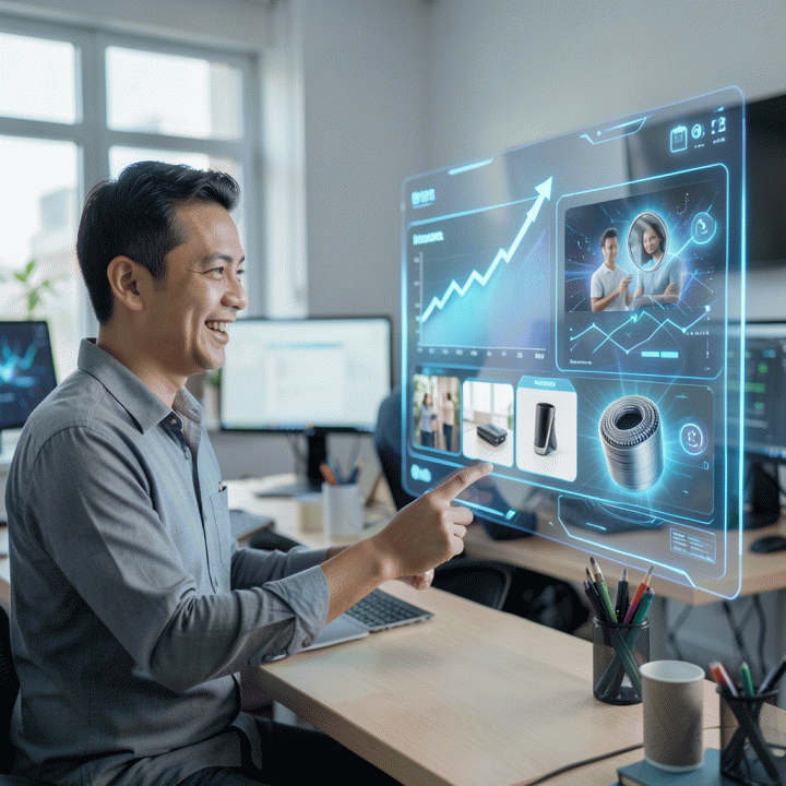 Pemilik UMKM Indonesia tersenyum berinteraksi dengan antarmuka holografik yang menampilkan visualisasi peningkatan penjualan dan pembuatan iklan produk secara otomatis menggunakan AI.