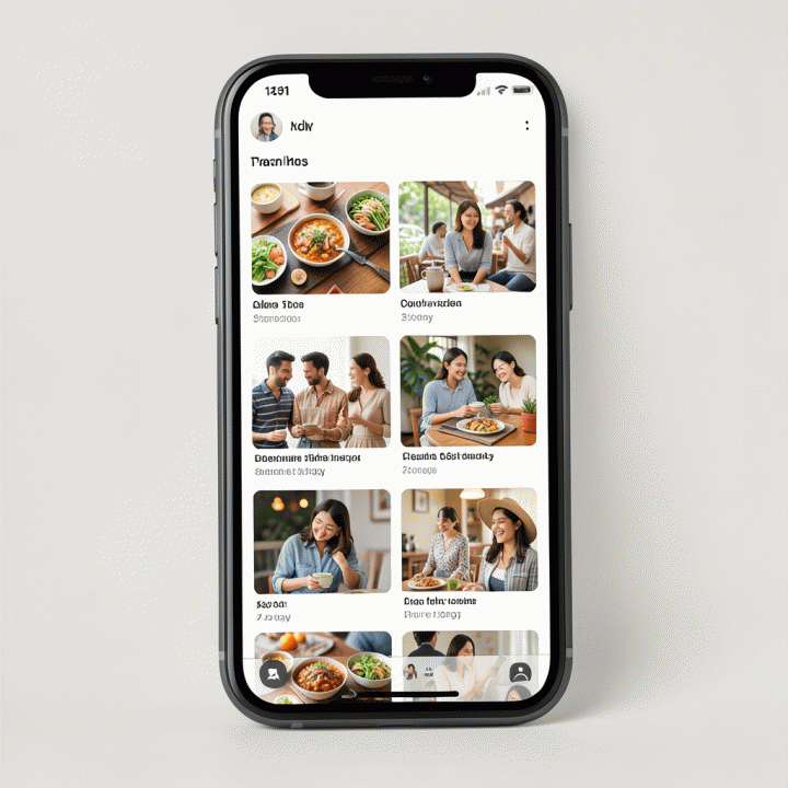 Tangkapan layar ponsel pintar yang menampilkan berbagai contoh mockup iklan media sosial berkonversi tinggi dengan gaya visual AI generatif, menunjukkan variasi konten dalam jumlah besar.