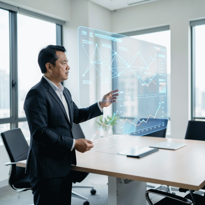 Seorang manajer proyek profesional sedang menganalisis visualisasi data holografik yang mengintegrasikan data proyek dan data keuangan di meja kantor modern.