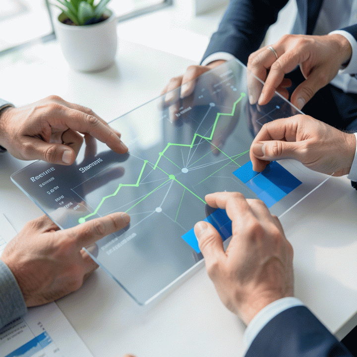 Pandangan atas (overhead shot) tangan-tangan profesional yang berinteraksi dengan dasbor digital transparan yang menunjukkan koneksi antara data operasional dan keuangan.