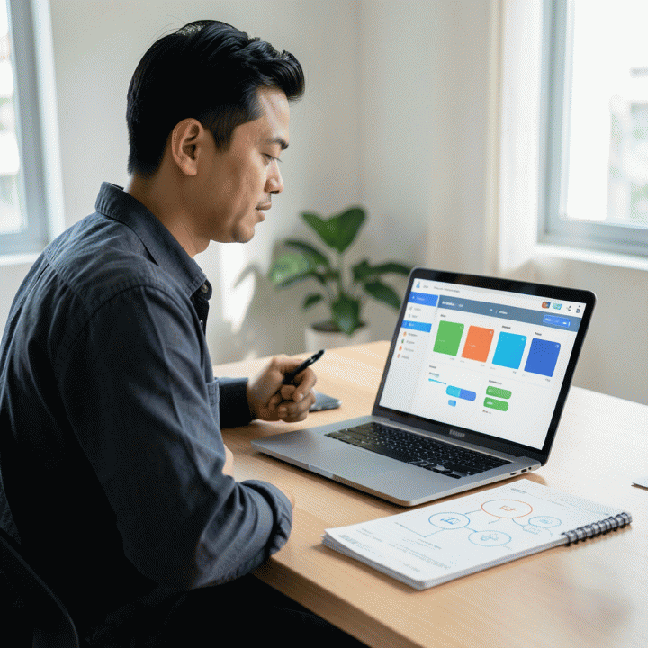 Seorang freelancer profesional sedang bekerja di meja yang rapi, membandingkan data proyek di laptop dengan catatan keuangan fisik, melambangkan manajemen data terpadu.