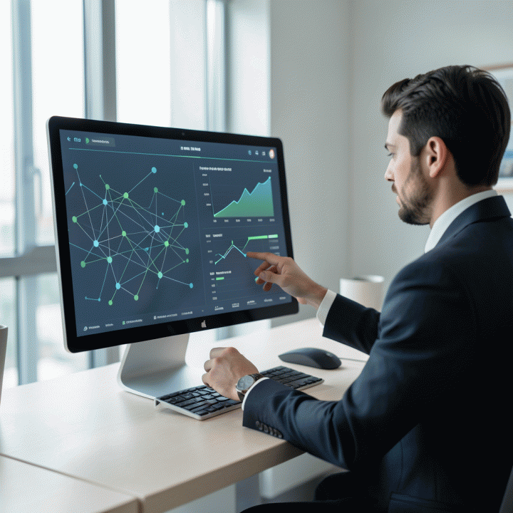 Seorang profesional sedang meninjau data keuangan bisnis yang aman dan terorganisir di monitor modern, melambangkan kontrol akses data yang kuat.