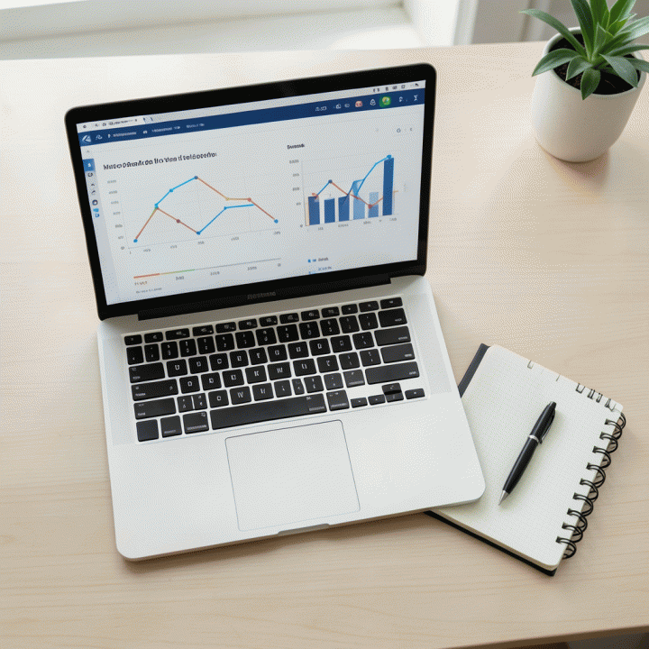 Meja kerja yang rapi dan terorganisir dengan laptop yang menampilkan dashboard keuangan abstrak, menunjukkan manajemen data yang terkontrol.
