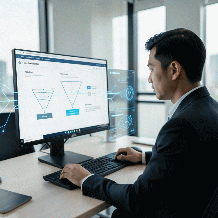 Seorang marketer profesional di ruang kerja modern sedang melihat antarmuka digital yang menunjukkan alur landing page yang terstruktur dan dioptimalkan, melambangkan peningkatan konversi menggunakan alat AI.