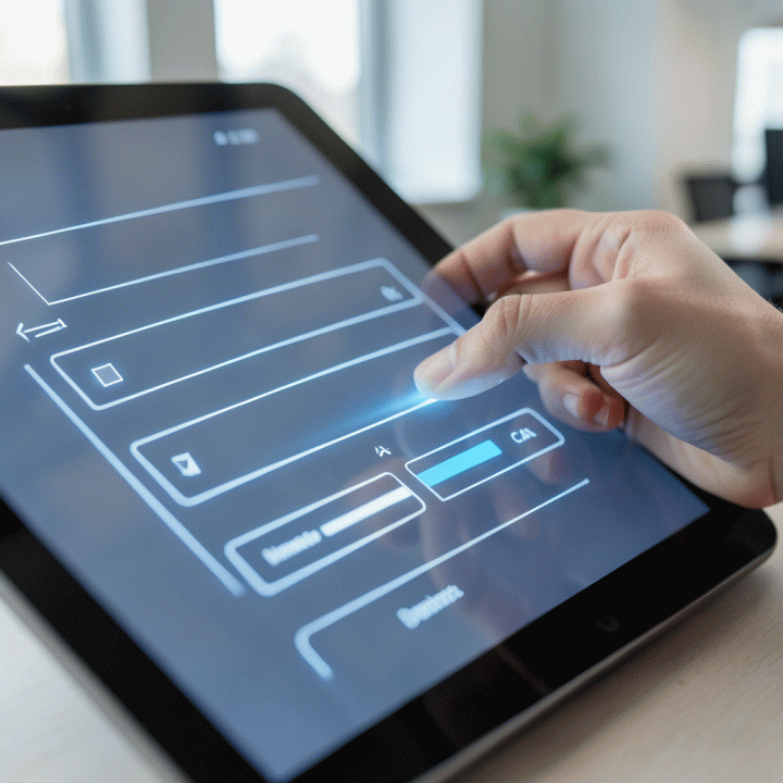 Tangan berinteraksi dengan antarmuka digital yang menampilkan struktur formulir pendaftaran yang dioptimalkan, menunjukkan alur konversi yang mulus.