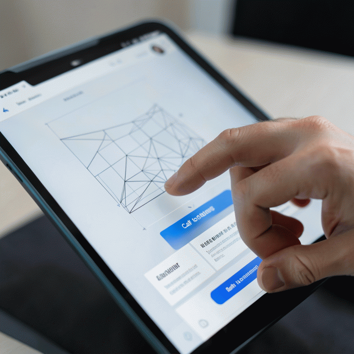 Tangan menunjuk pada bagian CTA (Call-to-Action) yang optimal pada wireframe landing page di tablet digital.