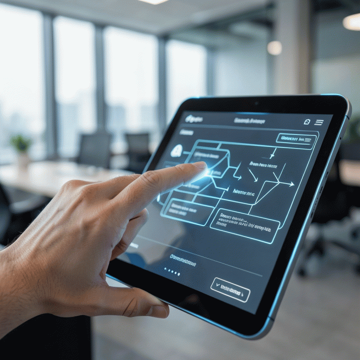 Tangan menunjuk diagram alur landing page yang efisien di layar tablet, menunjukkan proses pembuatan yang cepat.