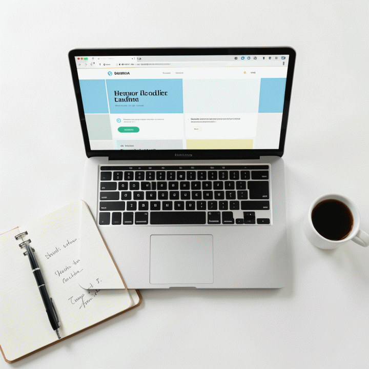 Tampilan meja kerja yang rapi dengan laptop menampilkan struktur landing page yang teroptimasi, menekankan alur kerja yang terencana.