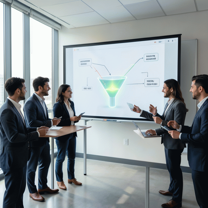 Tim profesional sedang berdiskusi mengenai alur konversi lead pada visualisasi funnel marketing.