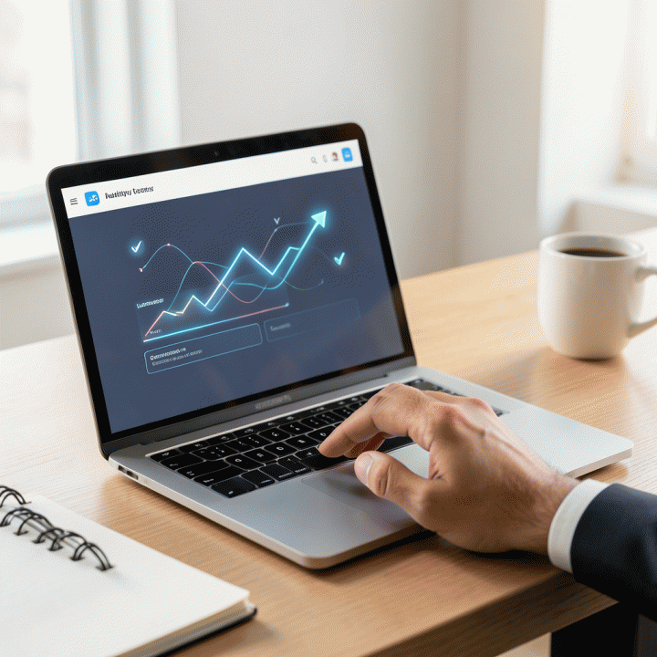 Tangan profesional berinteraksi dengan laptop yang menampilkan antarmuka desain landing page yang dioptimalkan, melambangkan peningkatan konversi lead.
