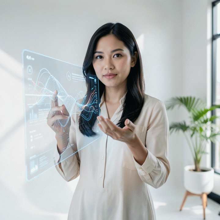 Ilustrasi fotorealistik seorang wanita muda Indonesia yang elegan dan konsisten, berinteraksi dengan antarmuka holografik AI di studio modern, melambangkan konsistensi karakter dalam generasi gambar AI.