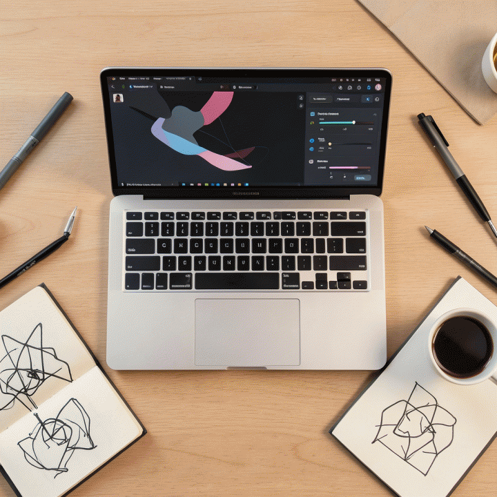Tampilan atas (flat lay) meja kerja digital seorang content creator, menampilkan laptop dengan antarmuka abstrak kontrol konsistensi karakter, dikelilingi oleh alat-alat kreatif profesional.