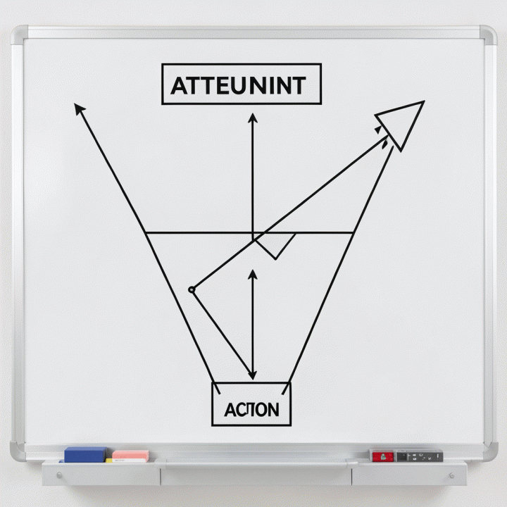 Diagram konseptual alur perjalanan konversi penjualan yang terstruktur, menunjukkan peningkatan langkah dari kesadaran hingga tindakan.