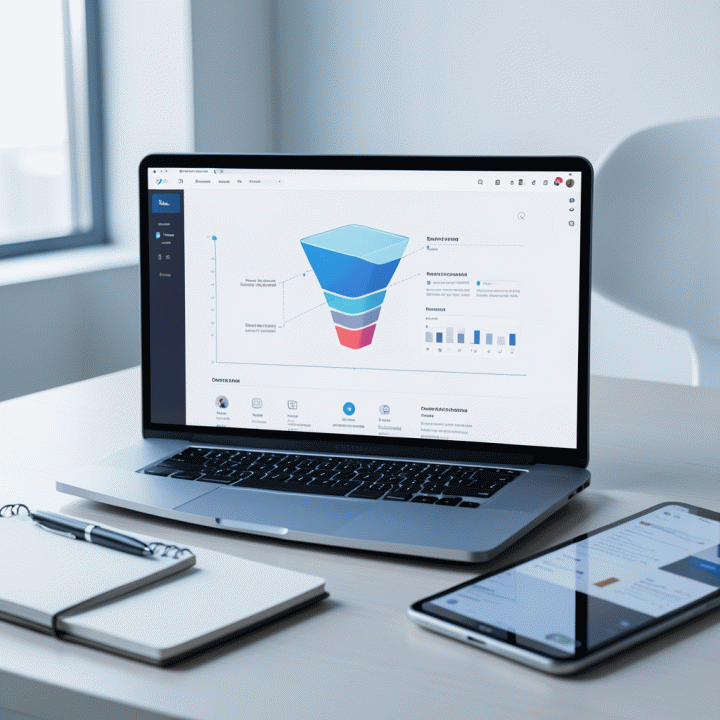 Tampilan meja kerja digital modern dengan laptop yang menampilkan diagram corong penjualan (sales funnel) dan kerangka kerja landing page SaaS yang terstruktur, melambangkan analisis konversi.