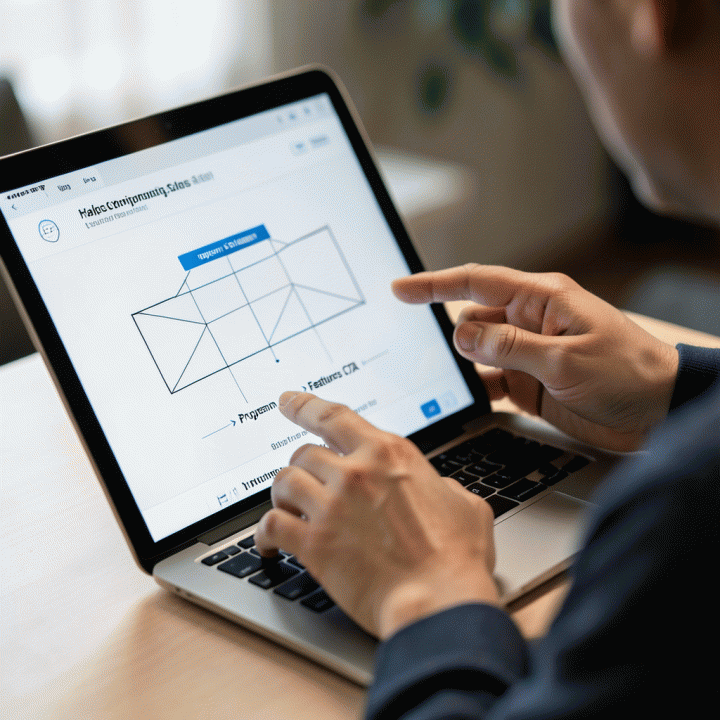 Tangan pengguna berinteraksi dengan tablet yang menampilkan wireframe halaman penjualan SaaS yang terstruktur, menunjukkan proses desain yang intuitif.
