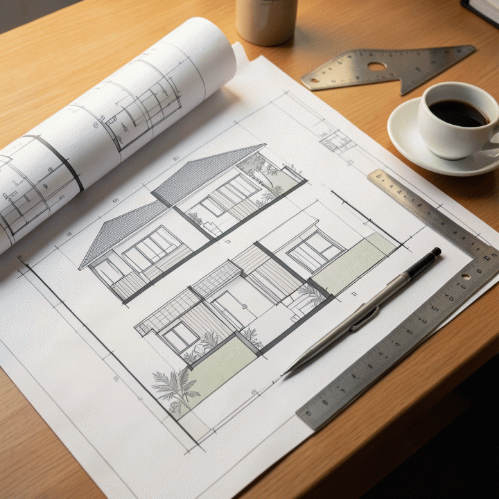 Sketsa arsitektur detail rencana lantai 2 rumah modern di atas meja gambar, menunjukkan proses perencanaan konstruksi.