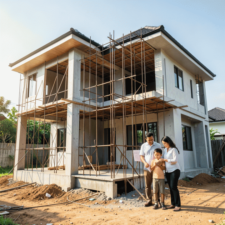 Ilustrasi fotorealistik rumah dua lantai modern yang sedang dalam tahap konstruksi, melambangkan perencanaan dan investasi properti.