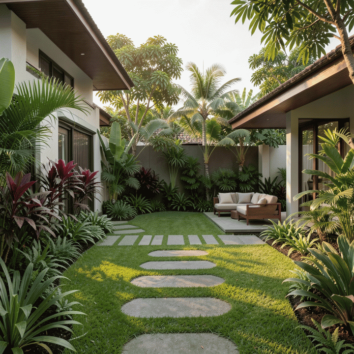 Taman tropis modern yang indah di hunian Indonesia, menunjukkan kombinasi rumput hijau, tanaman hias, dan jalur batu yang tertata rapi.