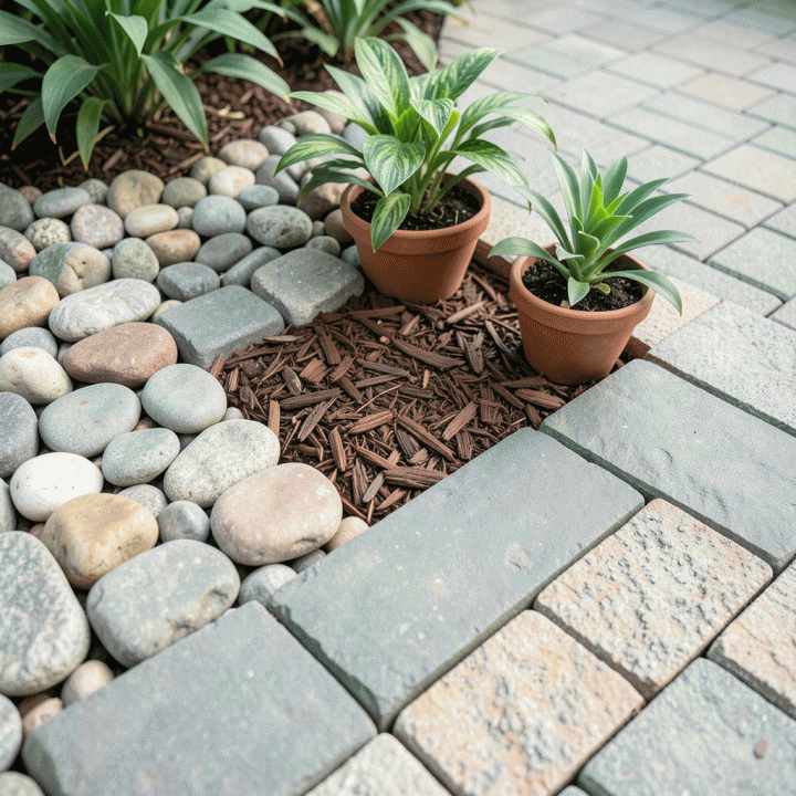 Material-material taman yang beragam, termasuk batu hias, paving block, dan tanaman pot, ditata rapi untuk simulasi desain.