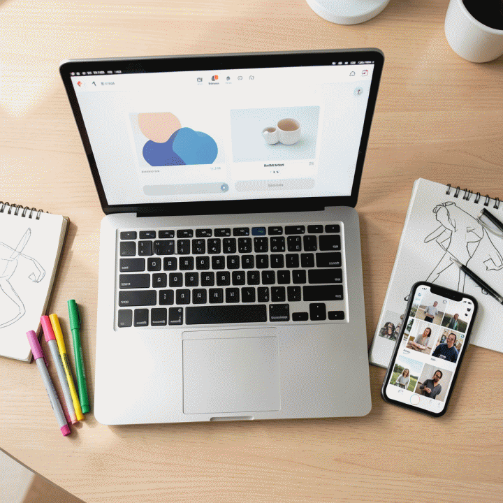 Pengaturan meja kerja seorang kreator konten yang menggunakan alat AI di laptop untuk membuat aset visual, menunjukkan kemudahan tanpa perlu keahlian desain manual.