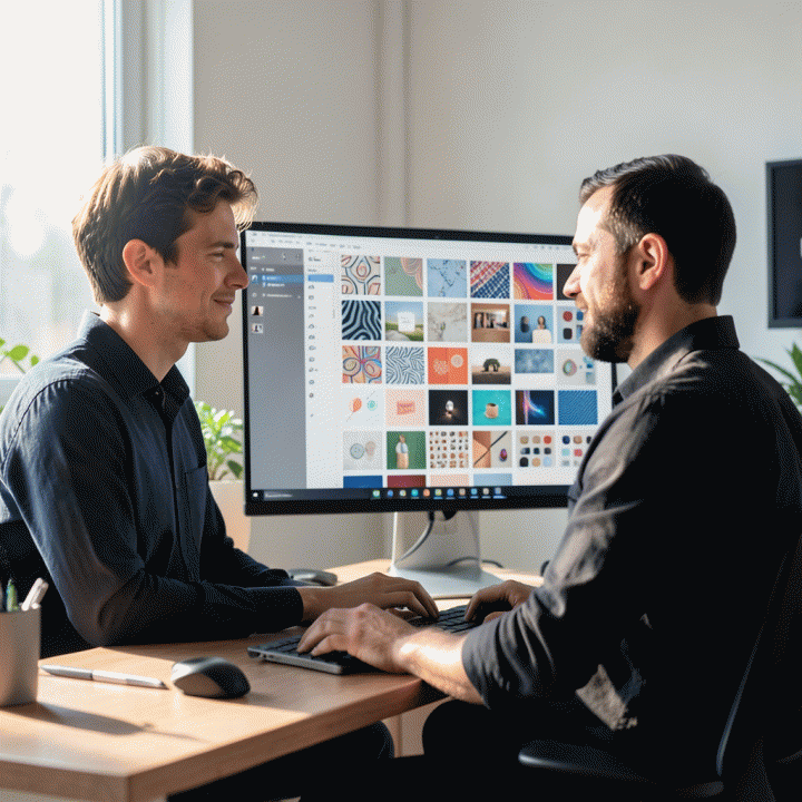 Content creator yang bekerja di meja modern, terinspirasi melihat aset visual merek yang konsisten dihasilkan massal secara otomatis di layar AI, menggambarkan kemudahan produksi aset desain.