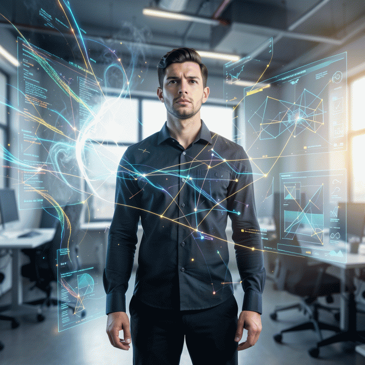 Ilustrasi sinematik seorang pengusaha di ruang kerja futuristik yang dikelilingi oleh proyeksi data holografik, melambangkan proses mengubah ide mentah menjadi rencana bisnis digital yang terstruktur.