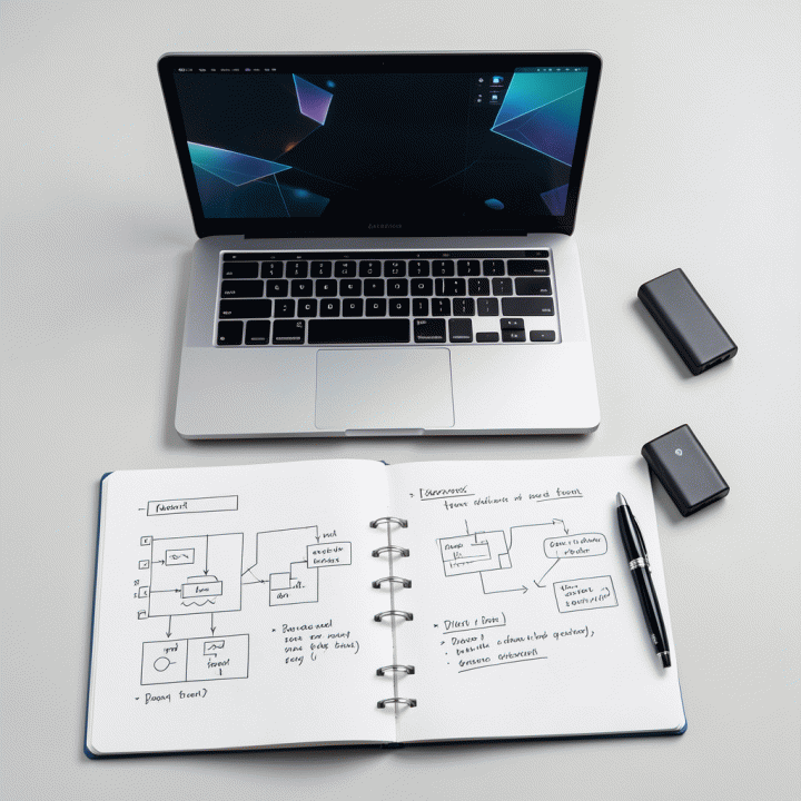 Foto datar (flat lay) minimalis yang menampilkan berbagai alat kerja modern di meja, melambangkan perencanaan dan eksekusi ide bisnis.