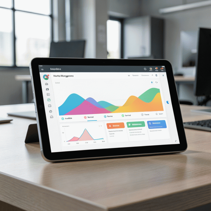 Tampilan dashboard digital inventaris alat berat pada tablet, menunjukkan status operasional yang terorganisir.