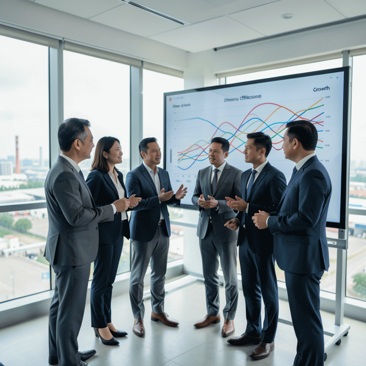 Manajer bisnis yang berdiskusi strategi pertumbuhan dan efisiensi operasional di ruang pertemuan modern.