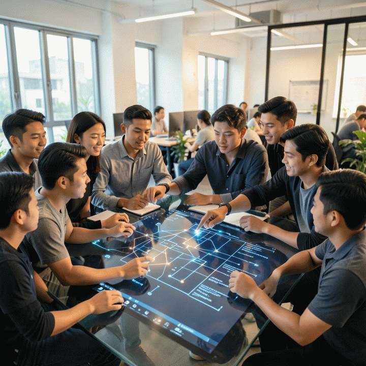 Sekelompok founder startup Indonesia berdiskusi intensif di ruang kerja modern, merancang blueprint bisnis digital menggunakan bantuan visualisasi AI.