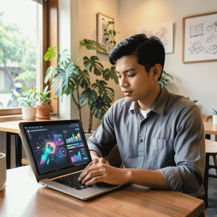 Seorang founder muda Indonesia bekerja di kafe modern, menggunakan AI tools untuk mengubah ide-ide kreatif menjadi blueprint bisnis digital yang terstruktur dan siap diluncurkan.
