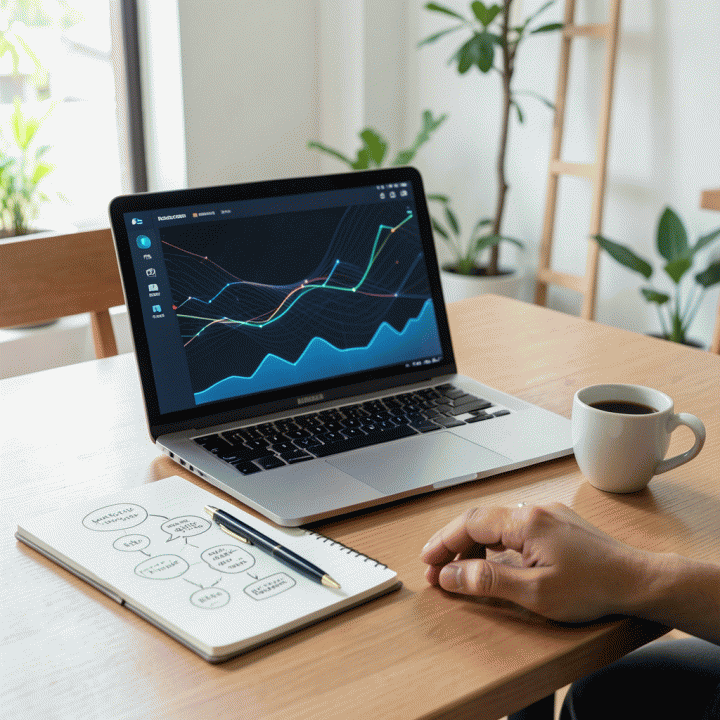 Perbandingan antara sketsa ide bisnis tangan dengan dashboard AI modern di laptop, menggambarkan konversi ide menjadi rencana digital.