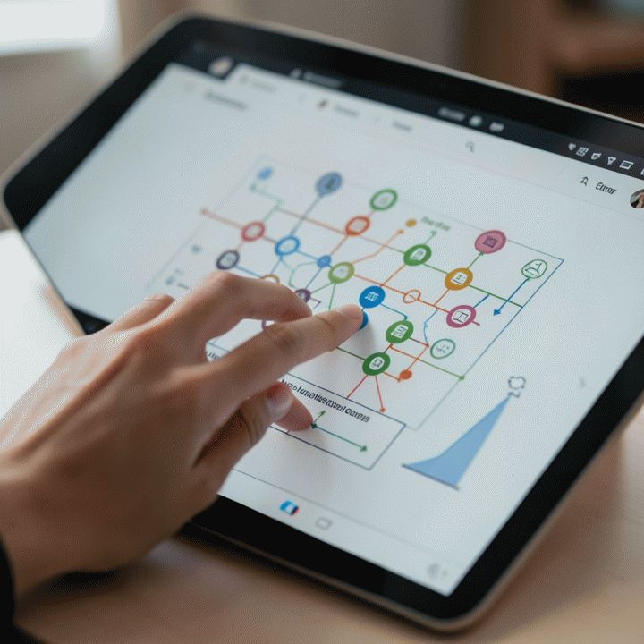 Visualisasi antarmuka AI dalam bentuk diagram alir bisnis digital di tablet, menunjukkan proses konseptualisasi ide menjadi blueprint.