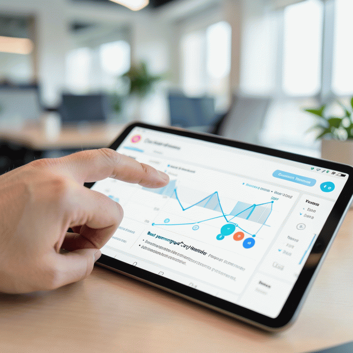 Tangan menunjuk ke dashboard digital yang menunjukkan insight spesifik tentang performa iklan yang sukses.
