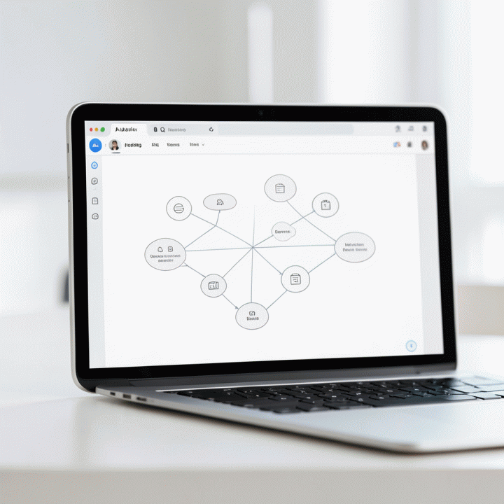 Tampilan digitalisasi mind map pada tablet, menunjukkan visualisasi AI yang merapikan ide-ide yang berantakan menjadi struktur yang terorganisir.