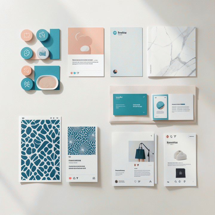 Tampilan datar (flat lay) berbagai aset visual branding yang konsisten dan siap digunakan di atas meja kerja modern, menunjukkan kesiapan konten digital.