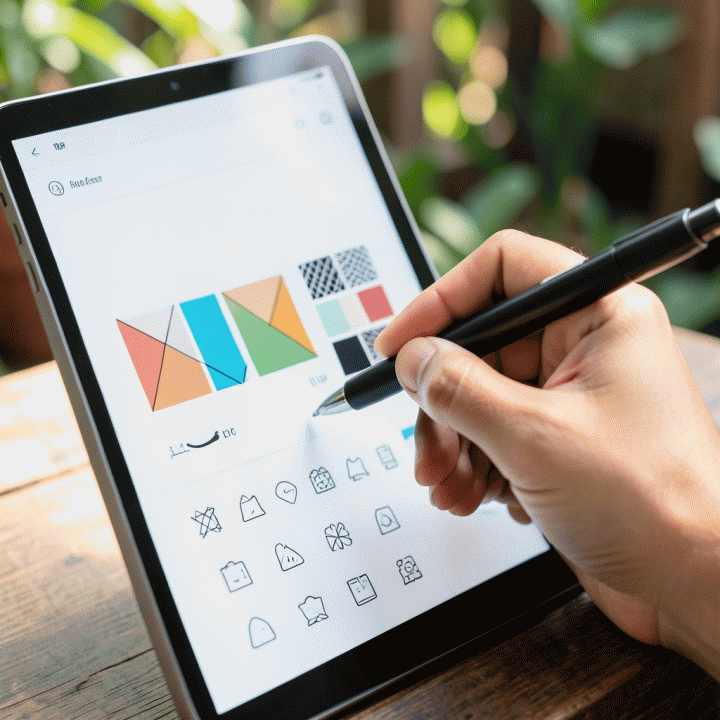 Tangan yang menggunakan tablet untuk merancang aset visual branding di antarmuka AI yang abstrak, menunjukkan proses desain yang terstruktur.